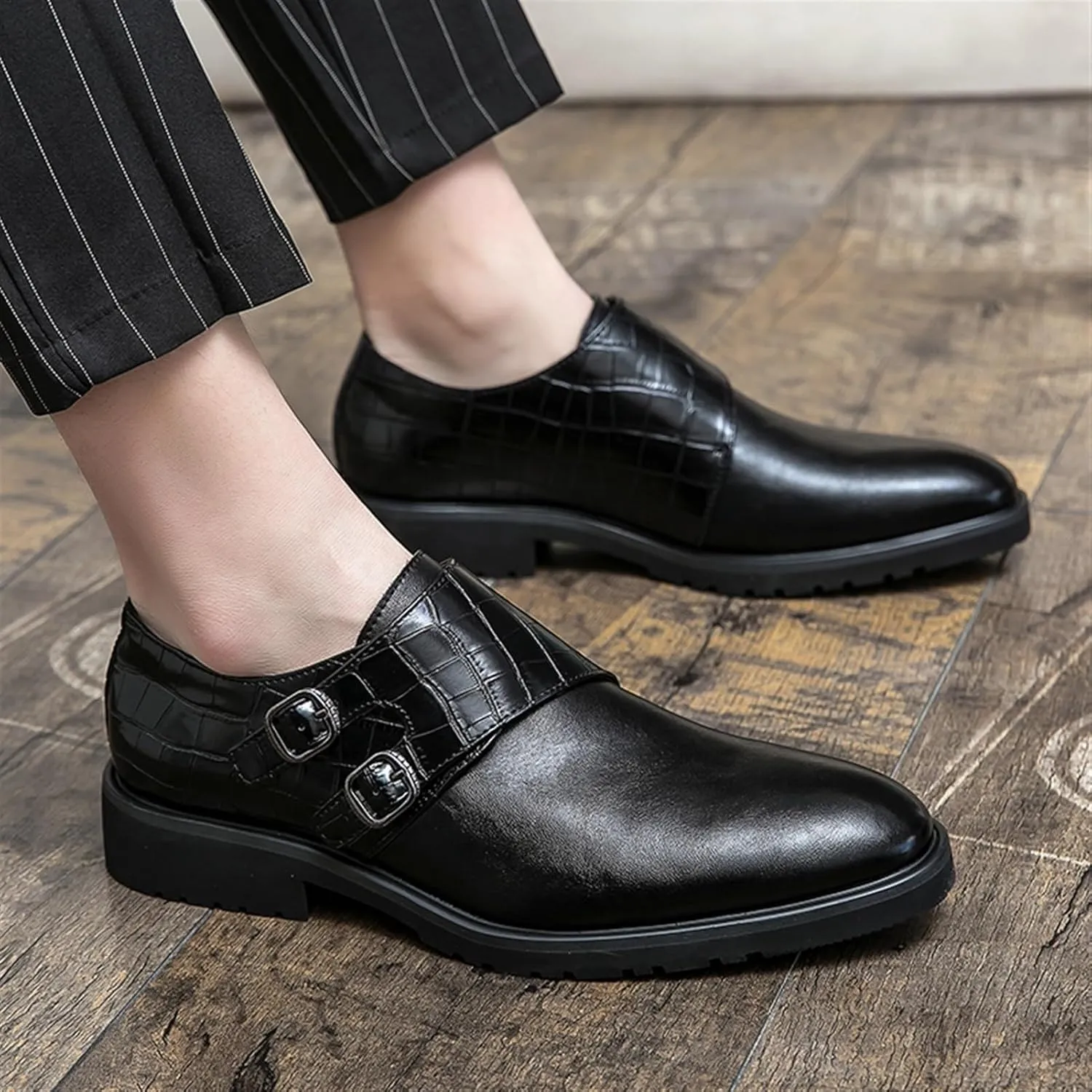 Fashion Buckle Slip-on Loafer Crocodile Print Round Burnished Toe PU Leather Anti-Slip Block Heel Dress Shoes