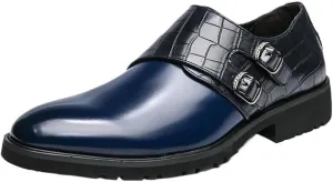 Fashion Buckle Slip-on Loafer Crocodile Print Round Burnished Toe PU Leather Anti-Slip Block Heel Dress Shoes