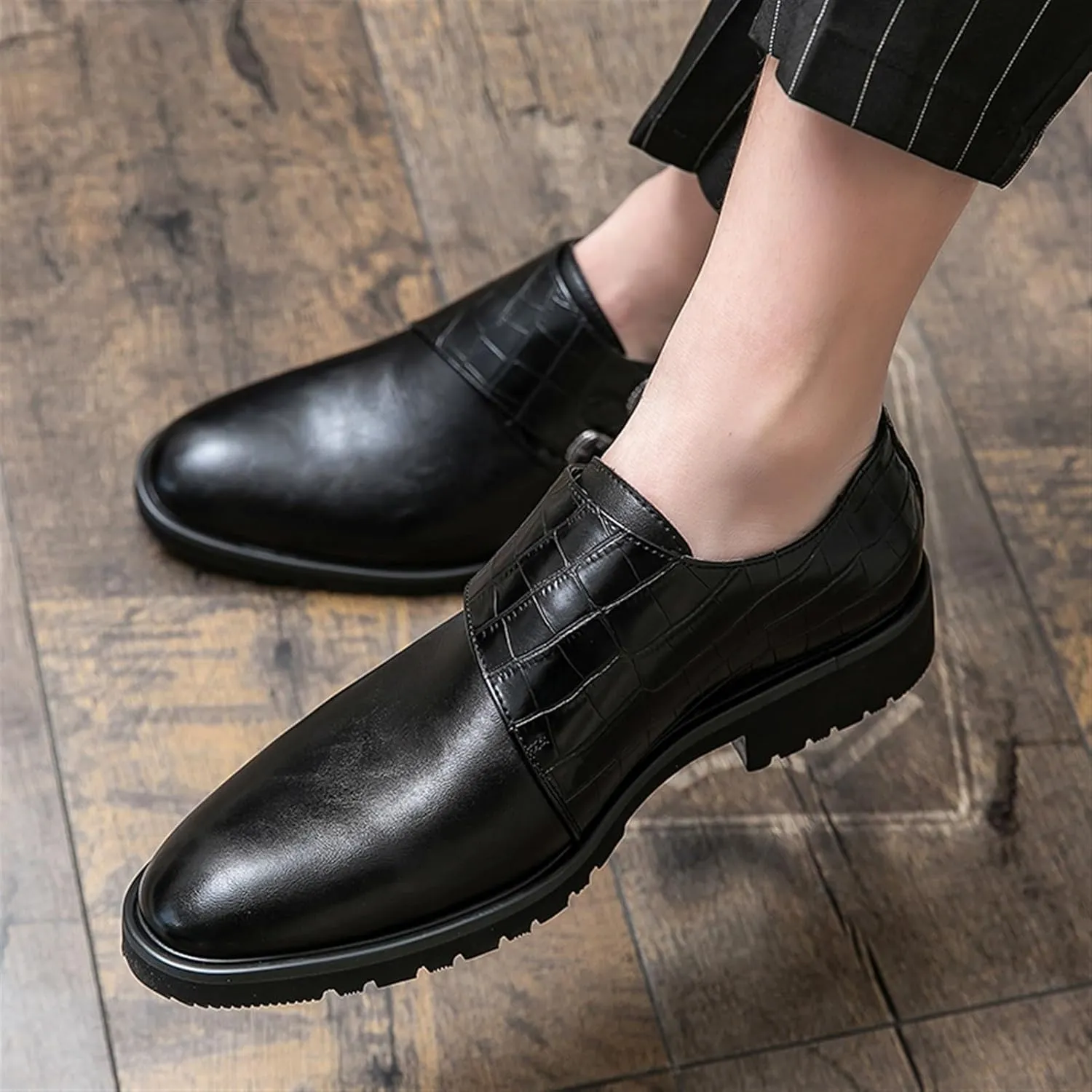 Fashion Buckle Slip-on Loafer Crocodile Print Round Burnished Toe PU Leather Anti-Slip Block Heel Dress Shoes