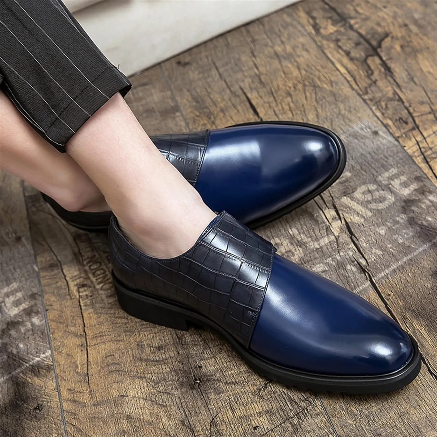 Fashion Buckle Slip-on Loafer Crocodile Print Round Burnished Toe PU Leather Anti-Slip Block Heel Dress Shoes