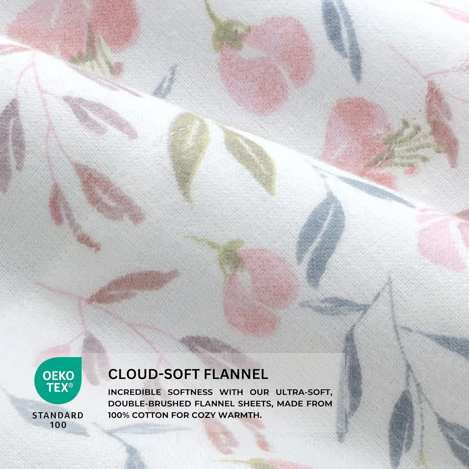 Featherhead™ 100% Cotton 4PCs Flannel Sheet Set, Queen Size, Delicate Floral | Double-Brushed for Extra Softness, Warm & Breathable, Extra Deep Pockets fits Up to 17” – 1 Flat, 1 Fitted, 2 Pillowcase