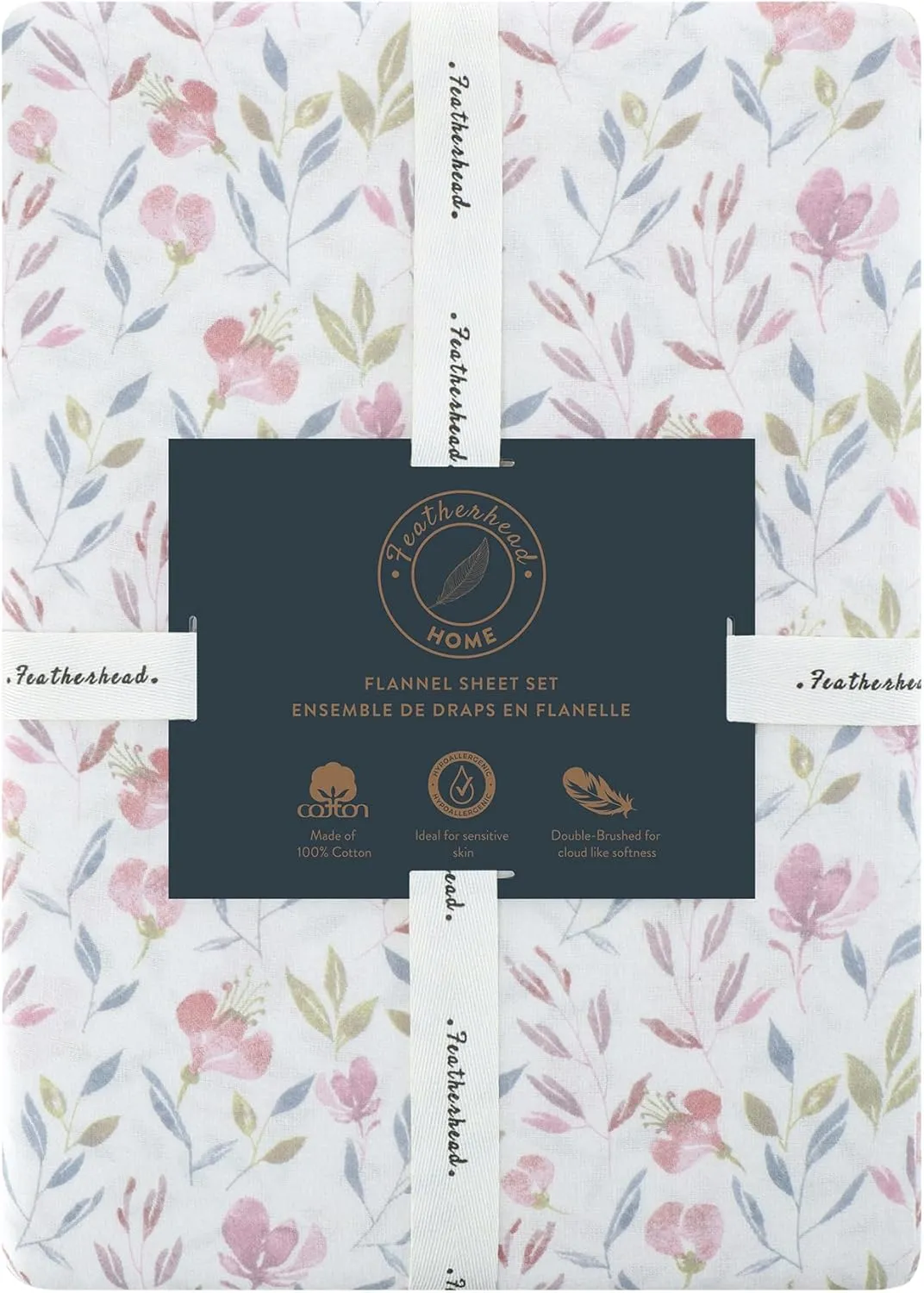 Featherhead™ 100% Cotton 4PCs Flannel Sheet Set, Queen Size, Delicate Floral | Double-Brushed for Extra Softness, Warm & Breathable, Extra Deep Pockets fits Up to 17” – 1 Flat, 1 Fitted, 2 Pillowcase