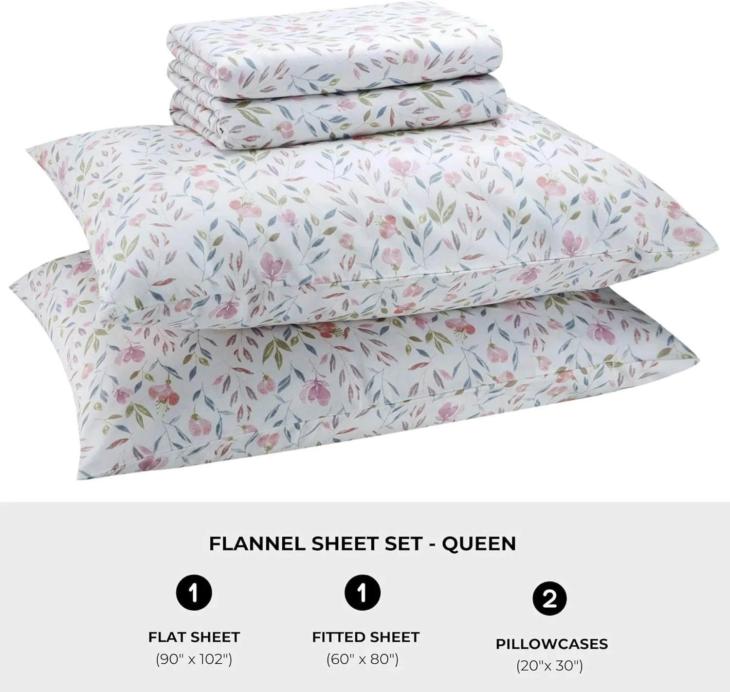 Featherhead™ 100% Cotton 4PCs Flannel Sheet Set, Queen Size, Delicate Floral | Double-Brushed for Extra Softness, Warm & Breathable, Extra Deep Pockets fits Up to 17” – 1 Flat, 1 Fitted, 2 Pillowcase