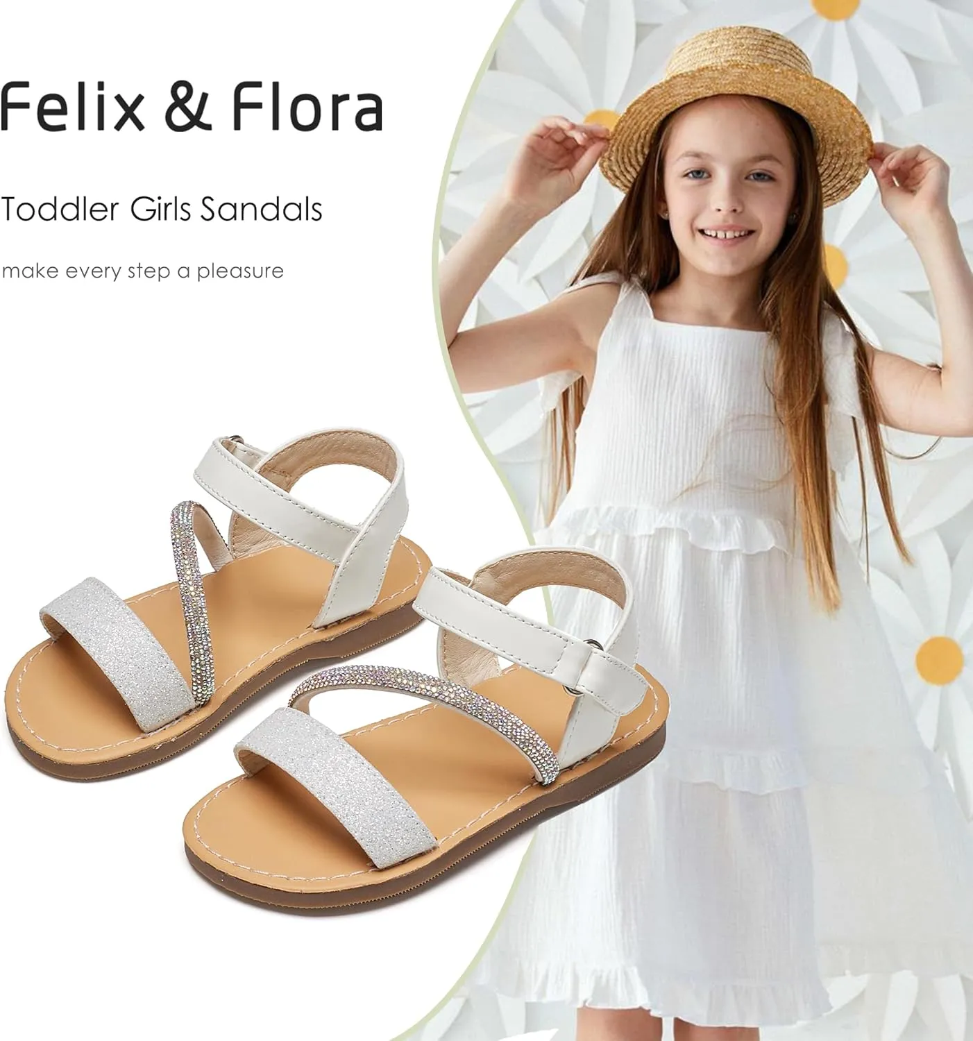 Felix & Flora Toddler Girl Sandals - Flower Girl Dress Shoes Open Toe Little Kid Summer Flats