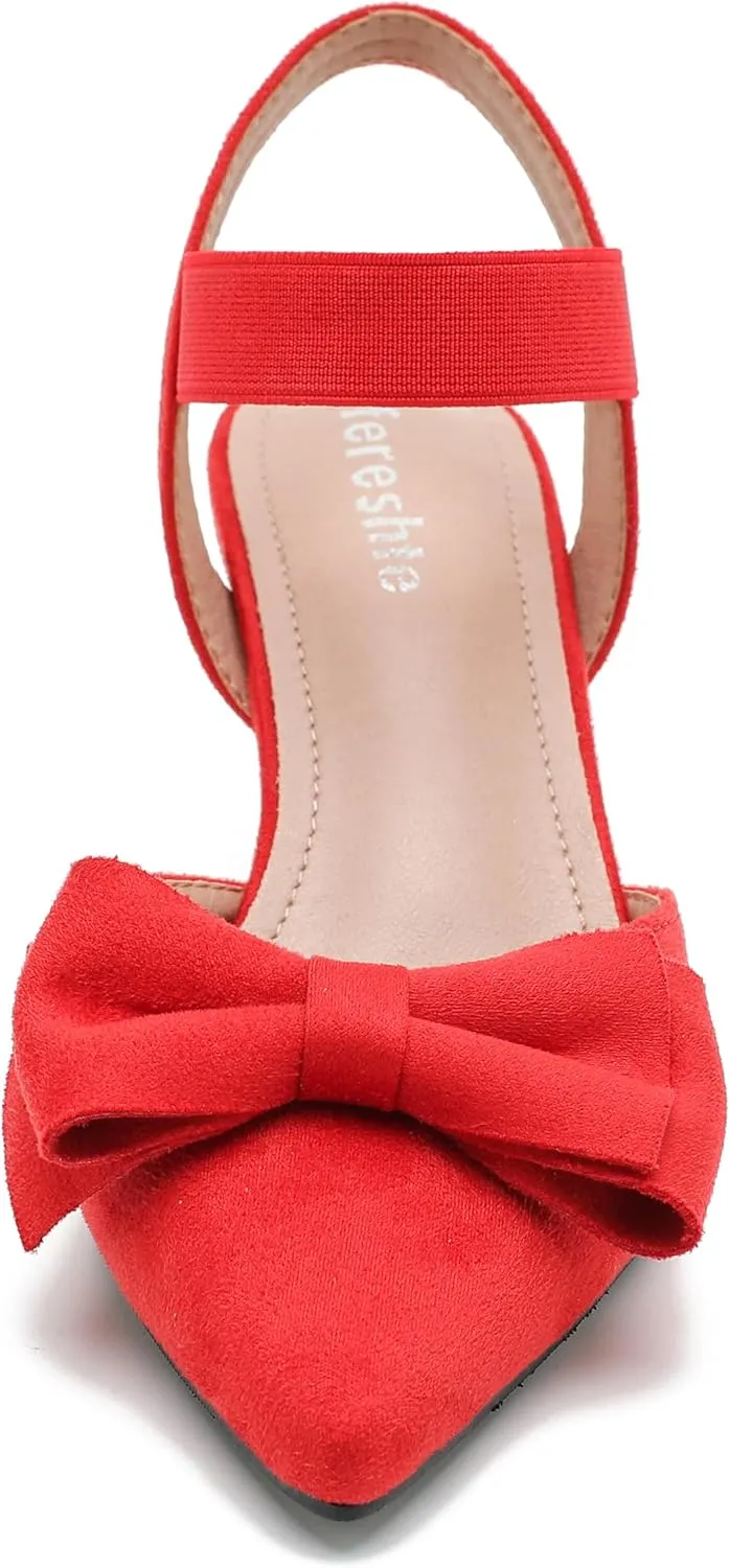 fereshte Women's Bow Low Kitten Heels Pumps Elastic Ankle Strap Slip On Slingback Dress Shoes