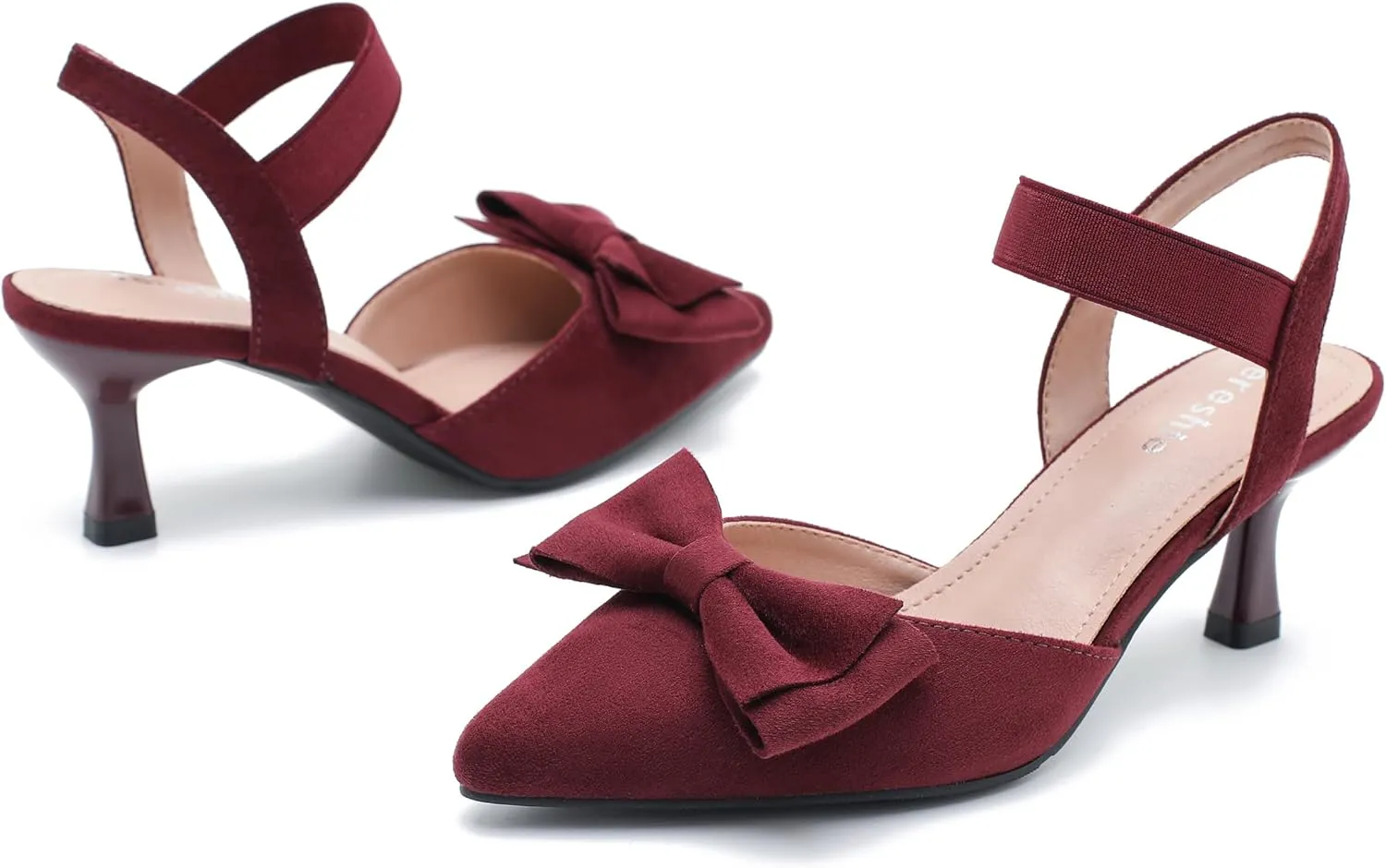 fereshte Women's Bow Low Kitten Heels Pumps Elastic Ankle Strap Slip On Slingback Dress Shoes
