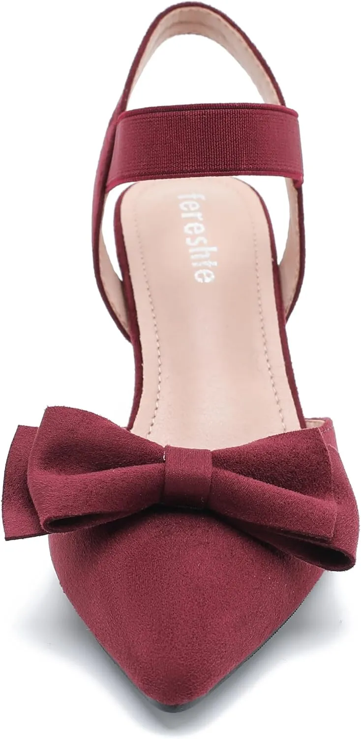 fereshte Women's Bow Low Kitten Heels Pumps Elastic Ankle Strap Slip On Slingback Dress Shoes