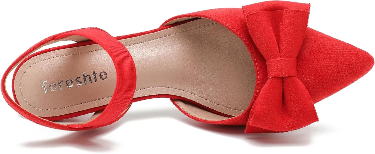 fereshte Women's Bow Low Kitten Heels Pumps Elastic Ankle Strap Slip On Slingback Dress Shoes