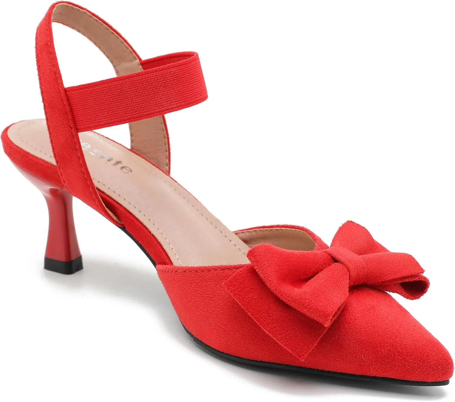 fereshte Women's Bow Low Kitten Heels Pumps Elastic Ankle Strap Slip On Slingback Dress Shoes
