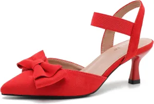 fereshte Women's Bow Low Kitten Heels Pumps Elastic Ankle Strap Slip On Slingback Dress Shoes