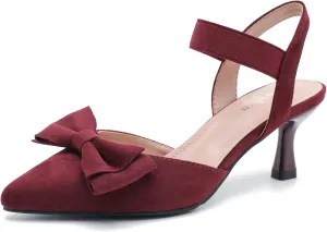 fereshte Women's Bow Low Kitten Heels Pumps Elastic Ankle Strap Slip On Slingback Dress Shoes