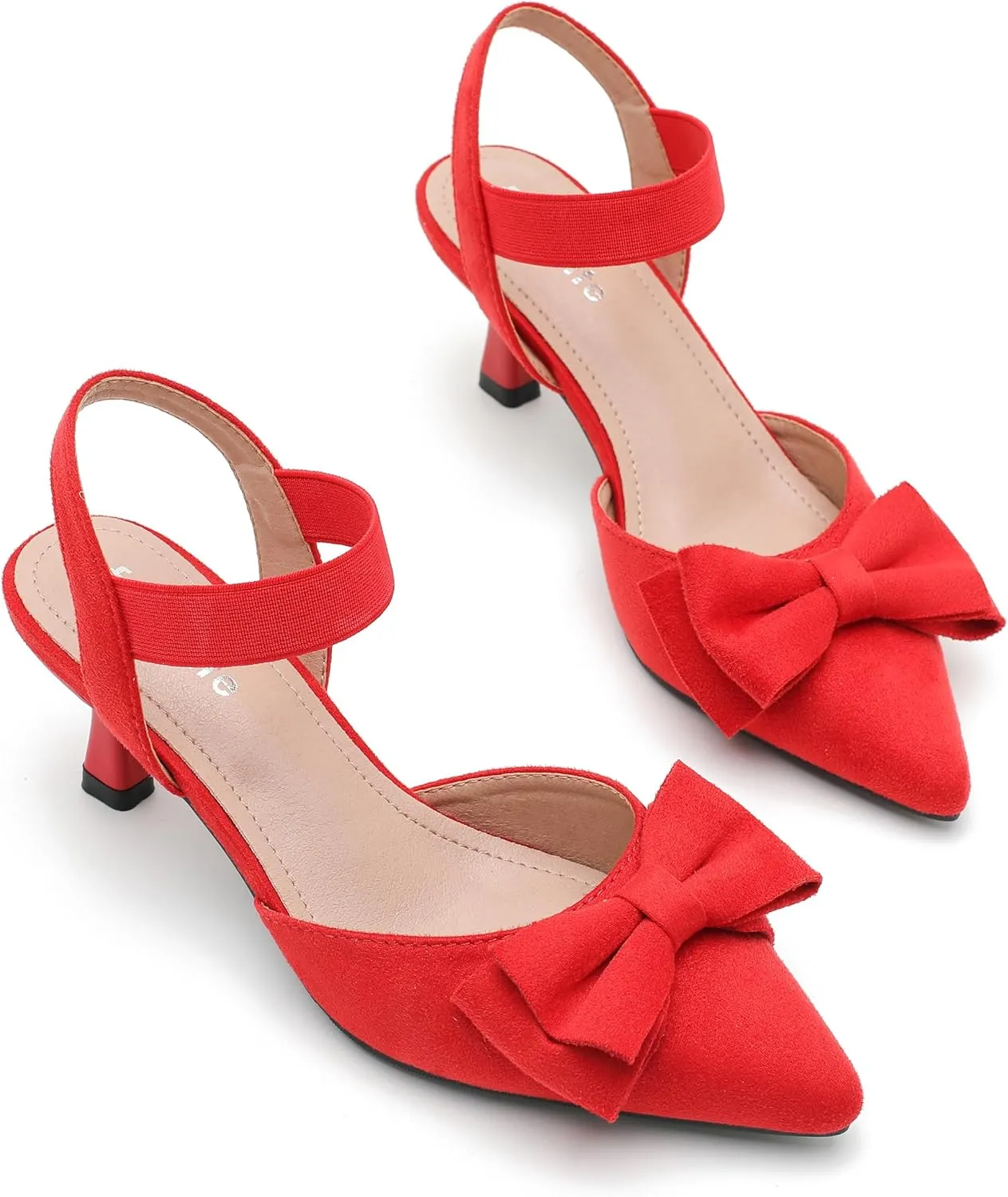 fereshte Women's Bow Low Kitten Heels Pumps Elastic Ankle Strap Slip On Slingback Dress Shoes