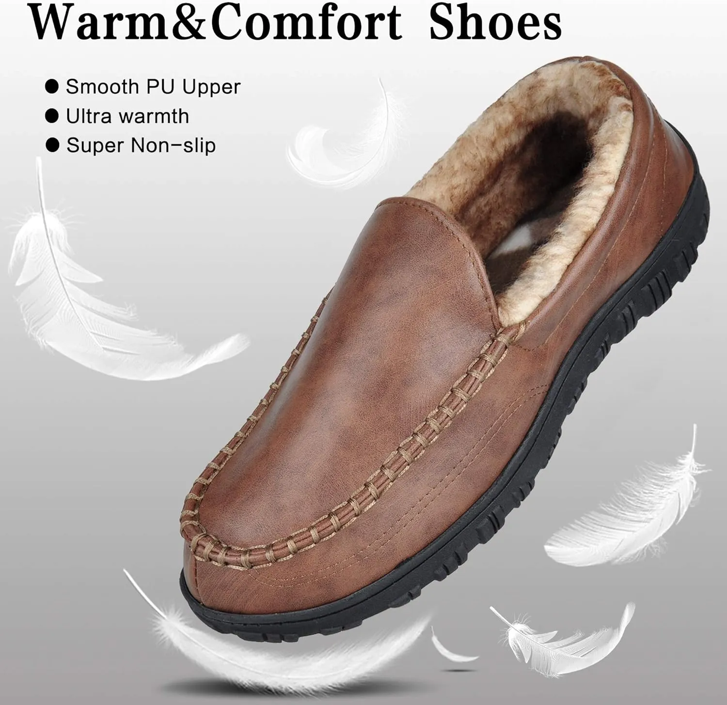 festooning Men's Moccasin Loafers Fuzzy Lined House Slipper with Memory Foam Cozy Slip On Hard Sole Winter Warm Indoor Outdoor Shoes