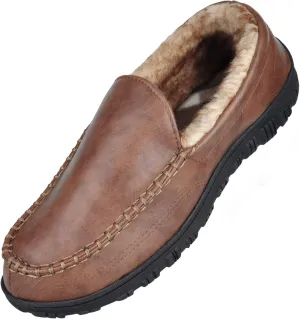 festooning Men's Moccasin Loafers Fuzzy Lined House Slipper with Memory Foam Cozy Slip On Hard Sole Winter Warm Indoor Outdoor Shoes