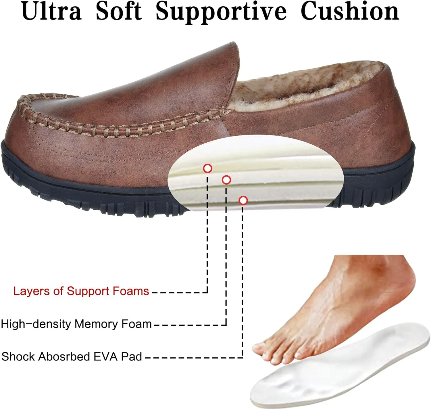 festooning Men's Moccasin Loafers Fuzzy Lined House Slipper with Memory Foam Cozy Slip On Hard Sole Winter Warm Indoor Outdoor Shoes