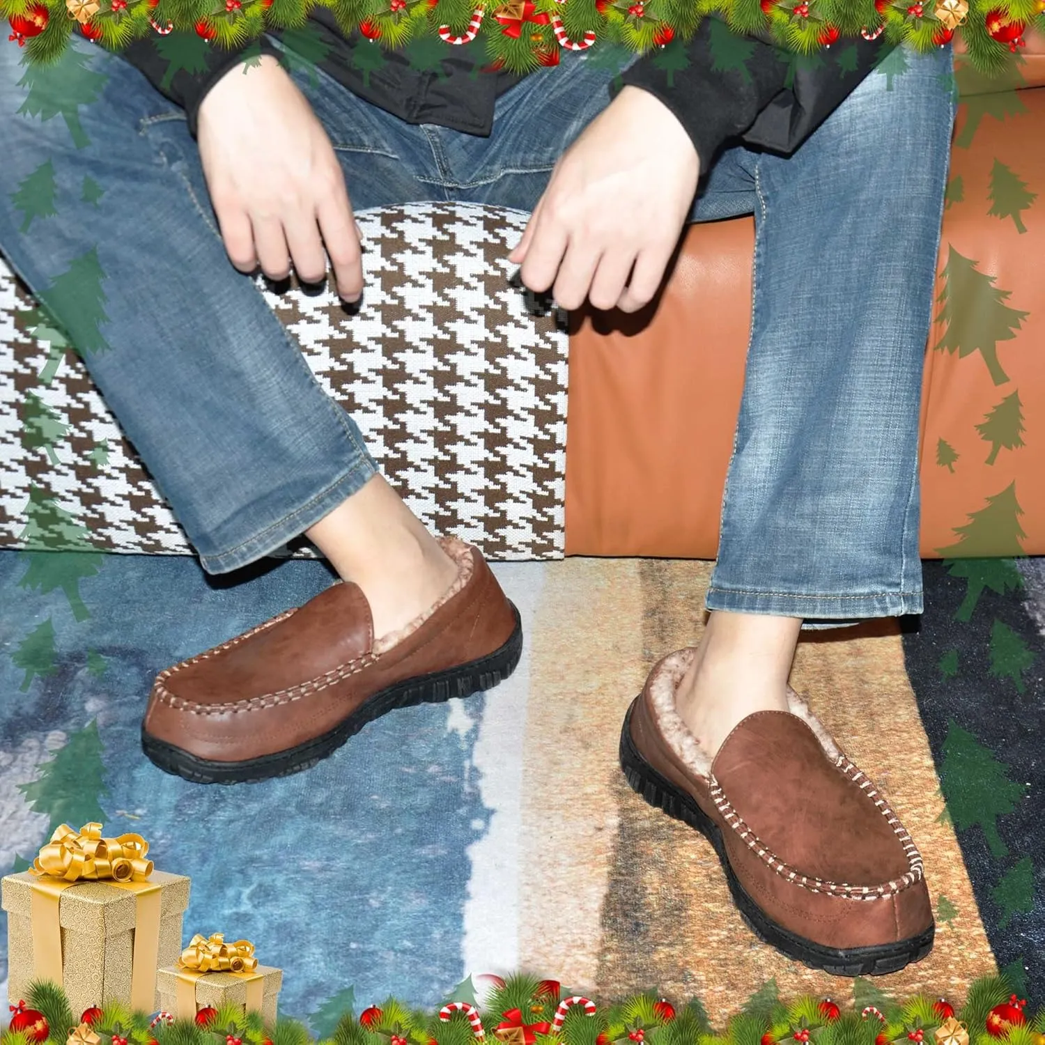 festooning Men's Moccasin Loafers Fuzzy Lined House Slipper with Memory Foam Cozy Slip On Hard Sole Winter Warm Indoor Outdoor Shoes