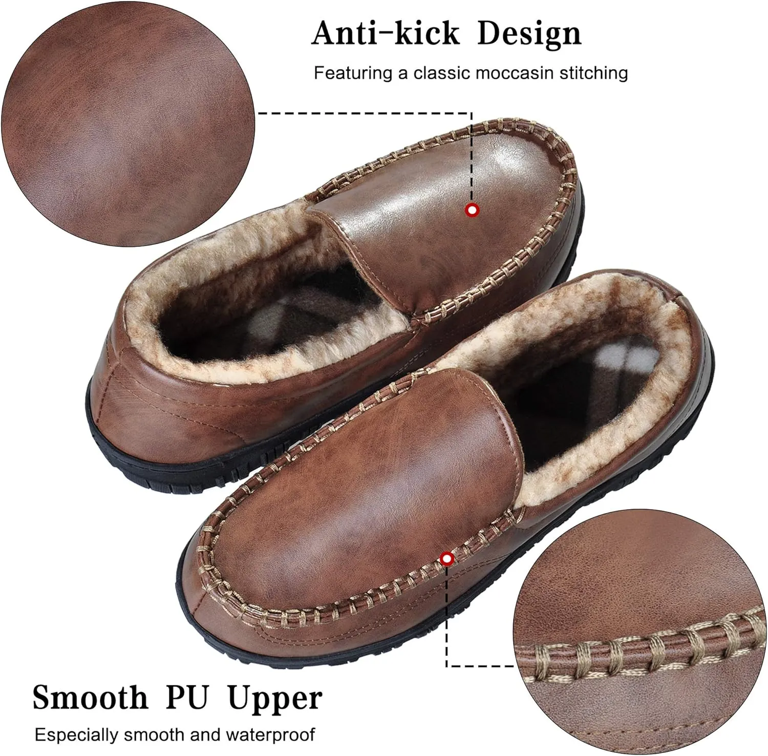 festooning Men's Moccasin Loafers Fuzzy Lined House Slipper with Memory Foam Cozy Slip On Hard Sole Winter Warm Indoor Outdoor Shoes