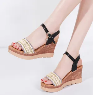 FFZSQ Ladies Summer Wedge Sandals Vintage Elegant High Heel Plateau Peep Toe Slides Women's Leisure Roman Shoes Bohemia Beach Sandals