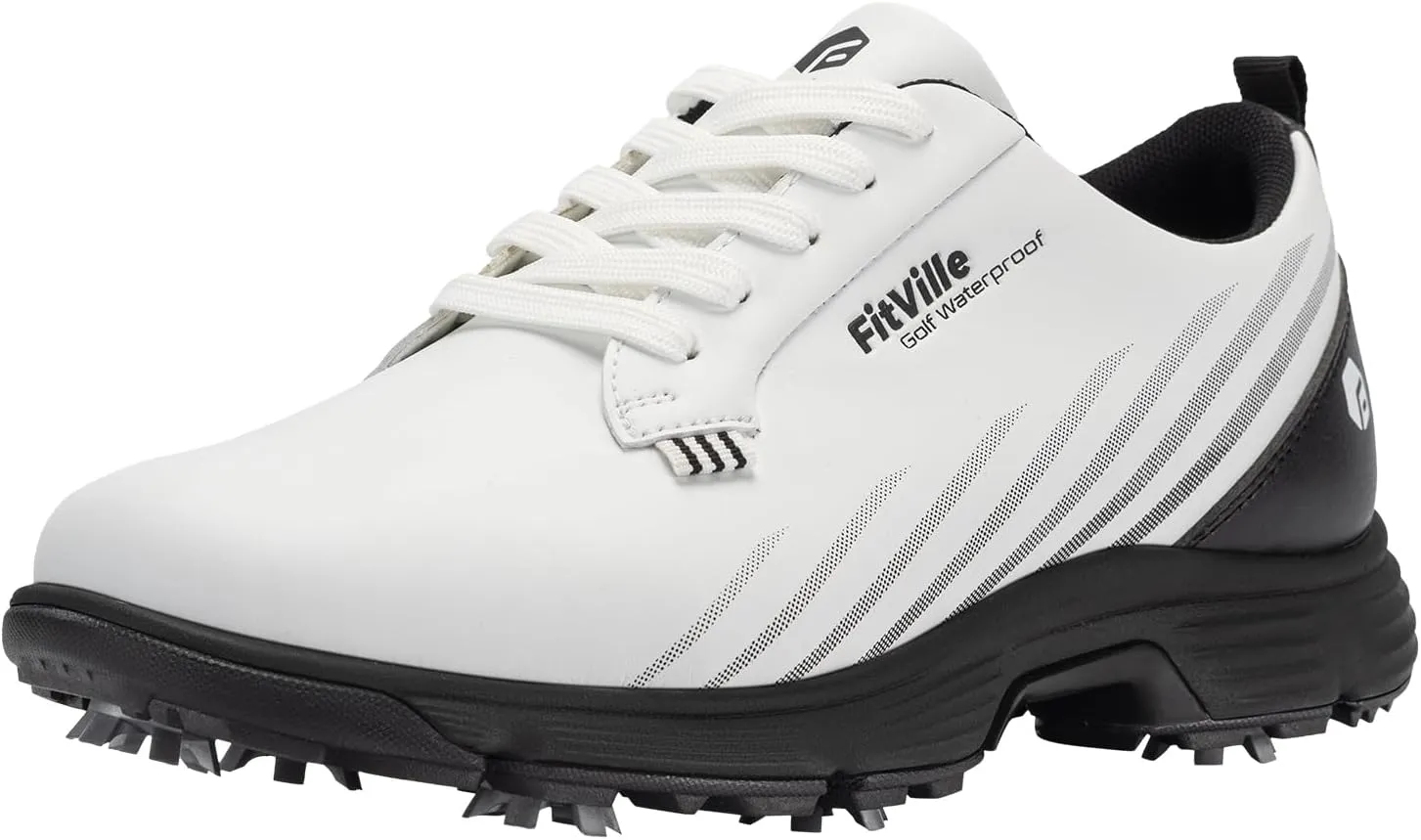 FitVille Wide Mens Golf Shoes Waterproof Lightweight Golf Shoes Men Spiked Extra Cushioning for Flat Feet Arch Support Heel Pain Relief