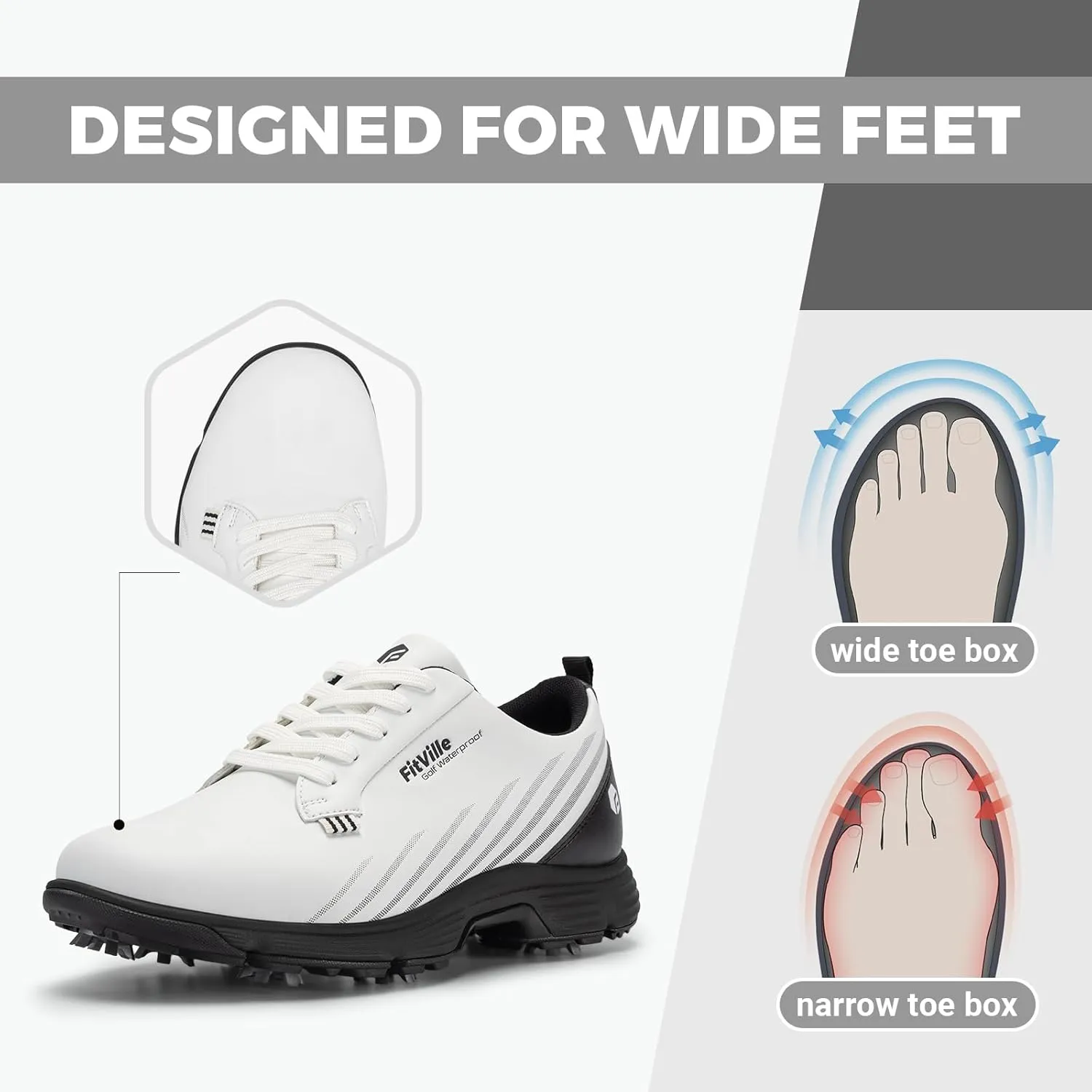 FitVille Wide Mens Golf Shoes Waterproof Lightweight Golf Shoes Men Spiked Extra Cushioning for Flat Feet Arch Support Heel Pain Relief