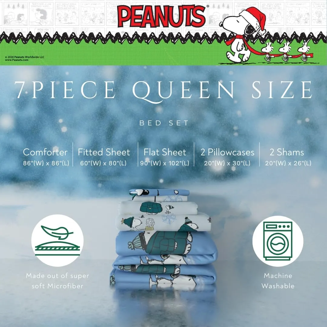 Franco Collectibles Peanuts Snoopy Puffer Holiday & Christmas Bedding Super Soft Comforter and Sheet Set with Sham, 7 Piece Queen Size (Officially Licensed Product)