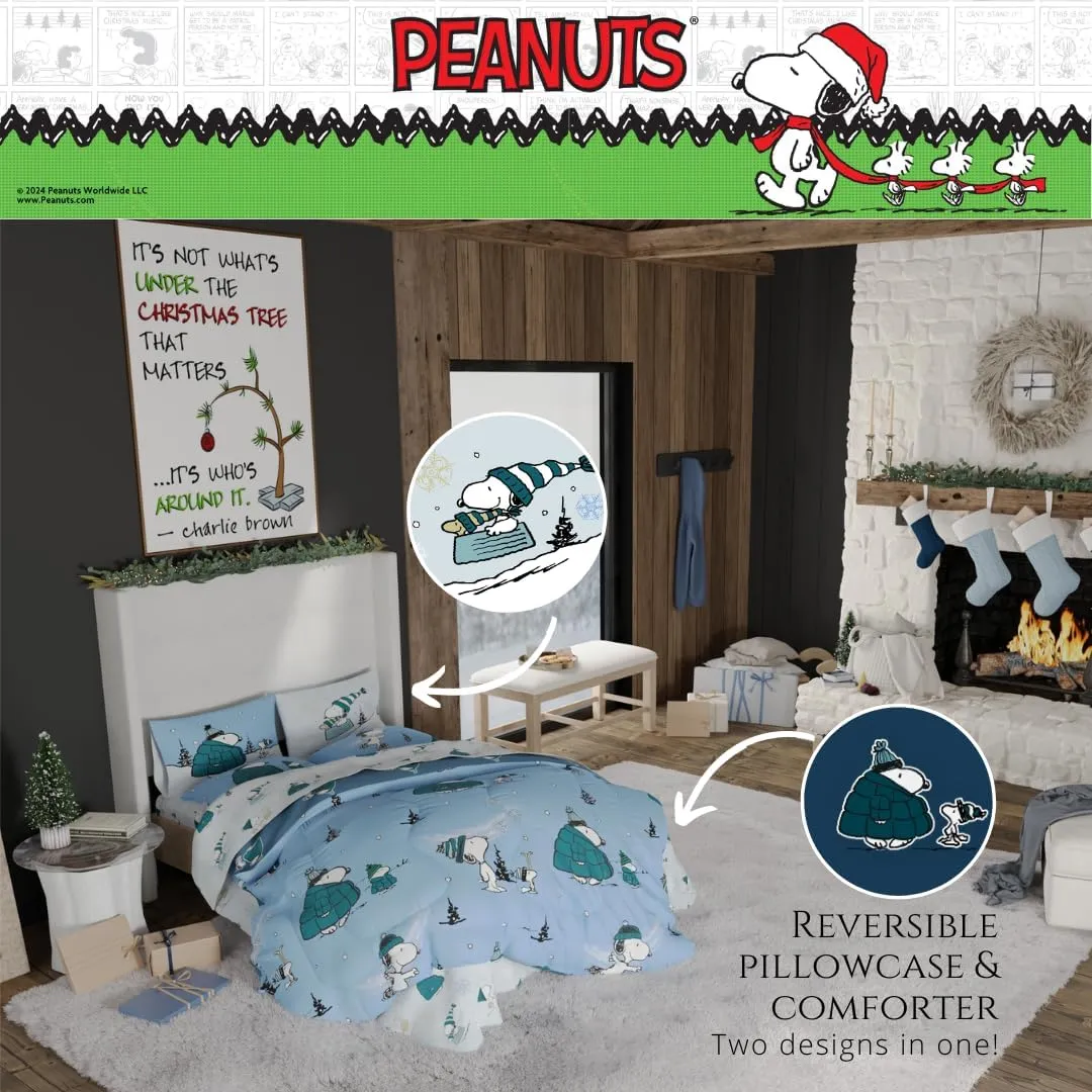 Franco Collectibles Peanuts Snoopy Puffer Holiday & Christmas Bedding Super Soft Comforter and Sheet Set with Sham, 7 Piece Queen Size (Officially Licensed Product)