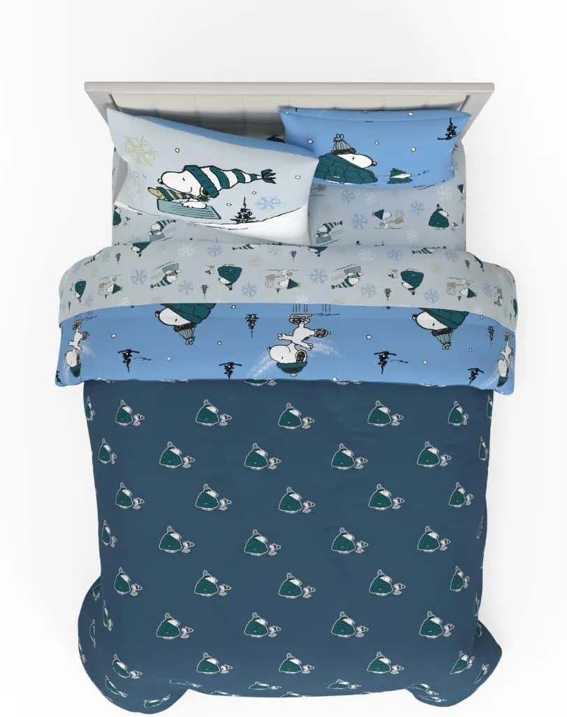 Franco Collectibles Peanuts Snoopy Puffer Holiday & Christmas Bedding Super Soft Comforter and Sheet Set with Sham, 7 Piece Queen Size (Officially Licensed Product)