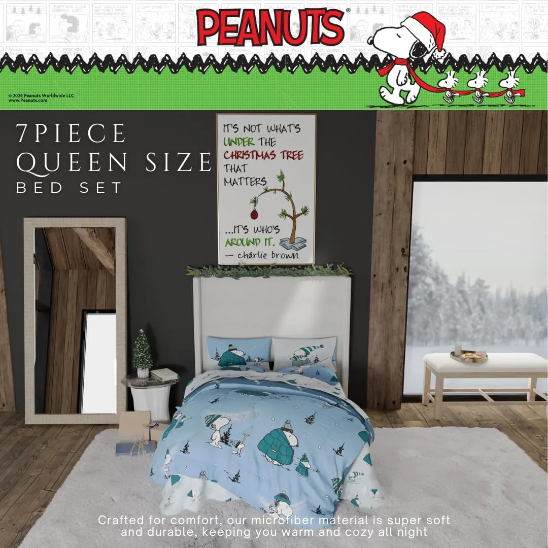 Franco Collectibles Peanuts Snoopy Puffer Holiday & Christmas Bedding Super Soft Comforter and Sheet Set with Sham, 7 Piece Queen Size (Officially Licensed Product)