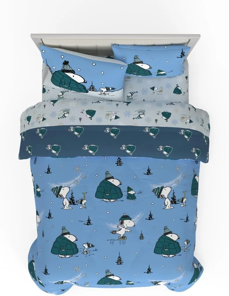 Franco Collectibles Peanuts Snoopy Puffer Holiday & Christmas Bedding Super Soft Comforter and Sheet Set with Sham, 7 Piece Queen Size (Officially Licensed Product)