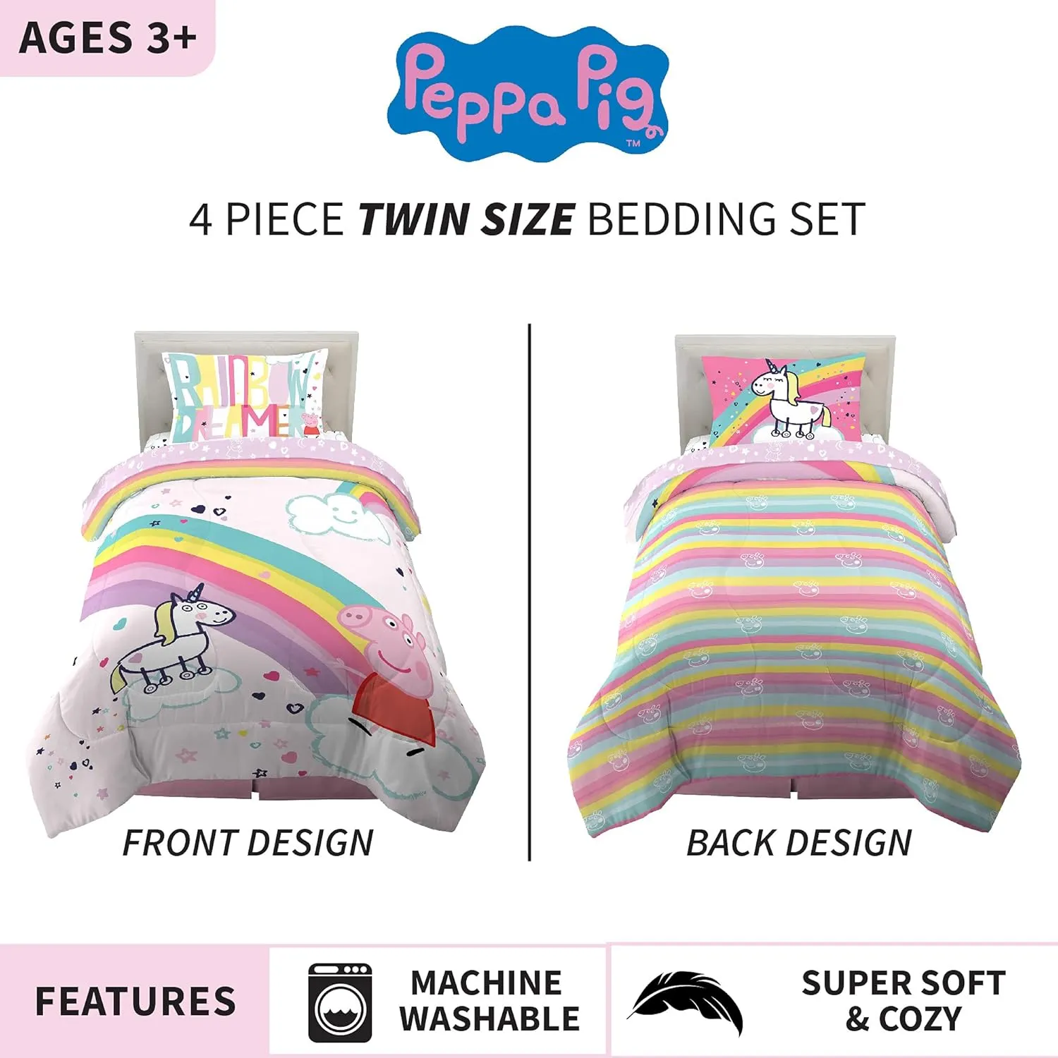 Franco Kids Bedding Super Soft Comforter and Sheet Set, 4 Piece Twin Size, Peppa Pig