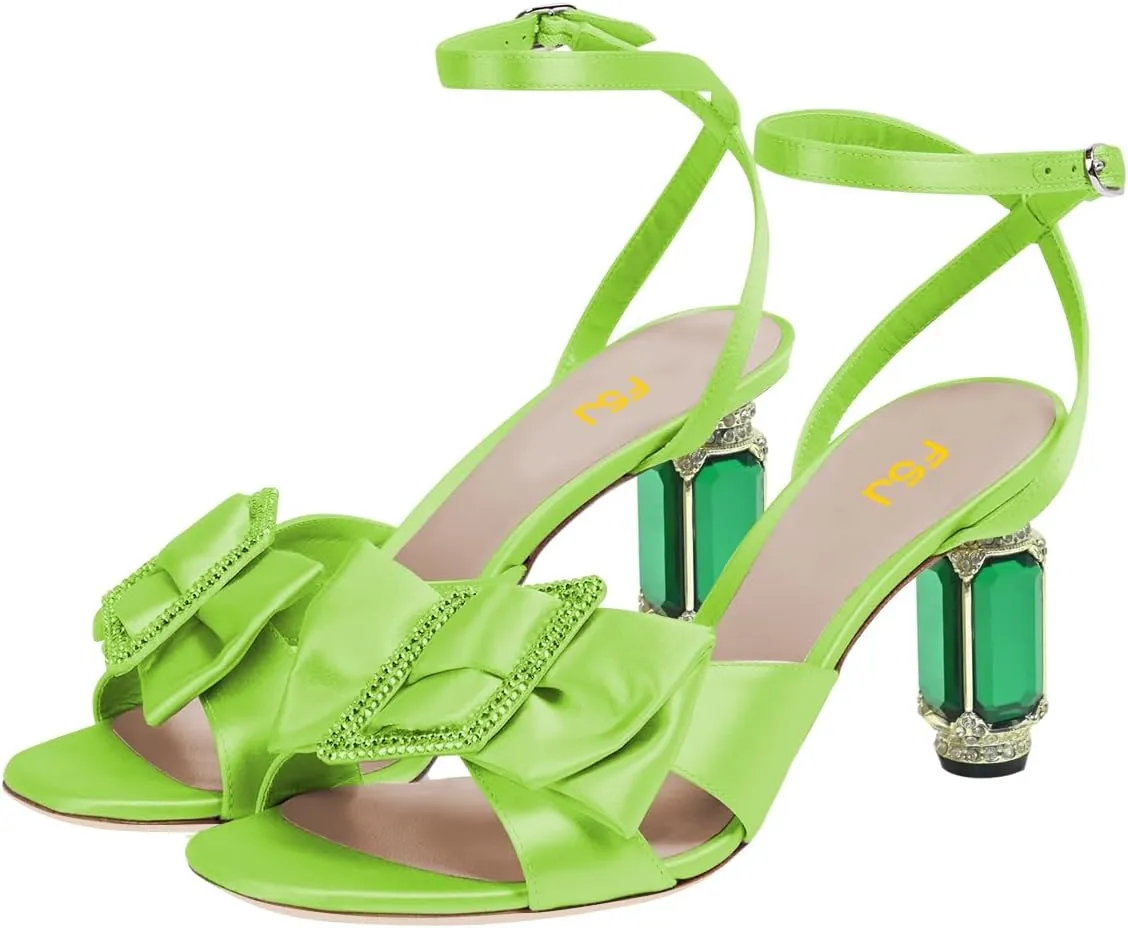 FSJ Women Elegant Open Toe Crystal Chunky High Heel Sandals with Bow Detail Embellished Ankle Strap Satin Pumps Evening Party Dance Wedding Shoes Size 4-16 US