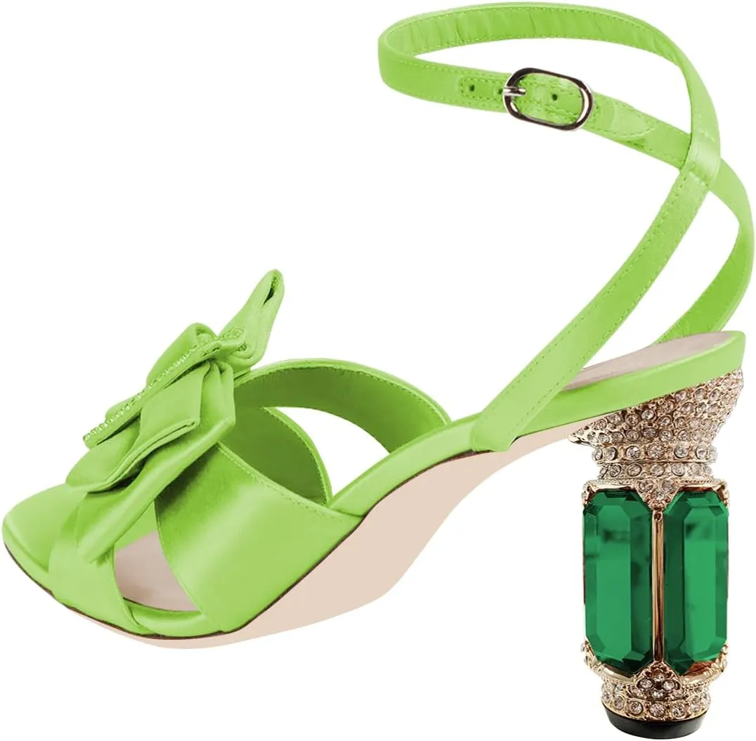 FSJ Women Elegant Open Toe Crystal Chunky High Heel Sandals with Bow Detail Embellished Ankle Strap Satin Pumps Evening Party Dance Wedding Shoes Size 4-16 US