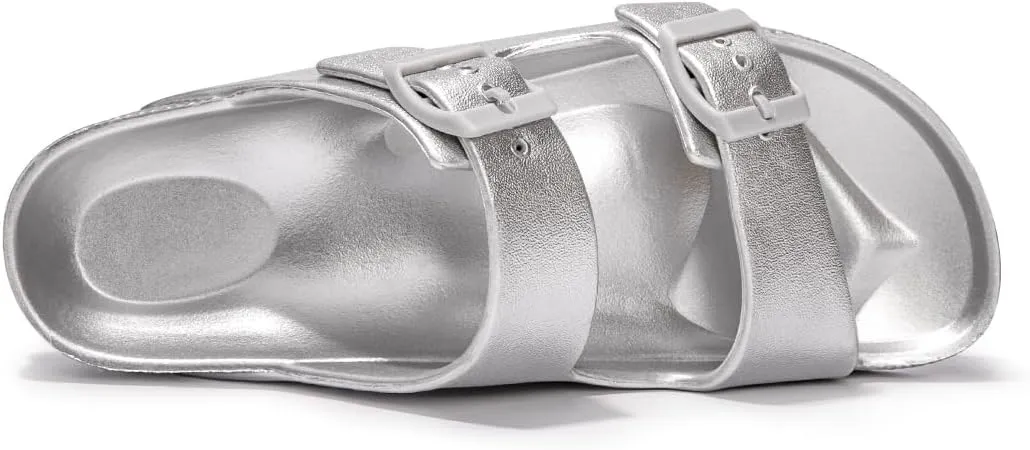FUNKYMONKEY Women's Comfort Slides Double Buckle Adjustable Plastics Flat Sandals