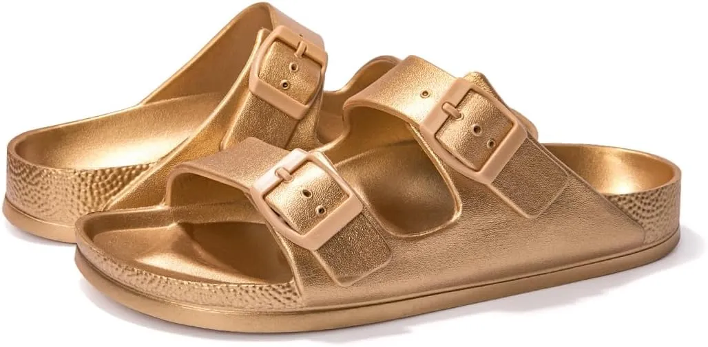 FUNKYMONKEY Women's Comfort Slides Double Buckle Adjustable Plastics Flat Sandals