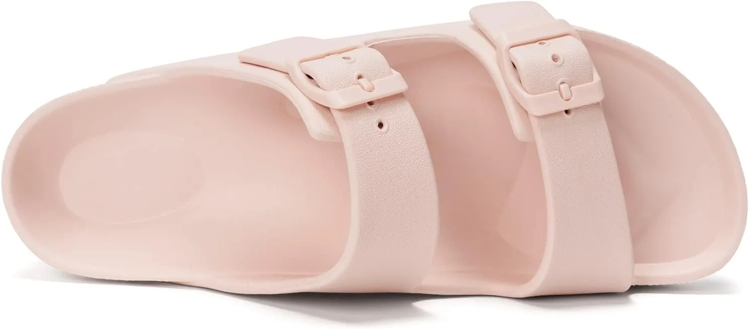 FUNKYMONKEY Women's Comfort Slides Double Buckle Adjustable Plastics Flat Sandals