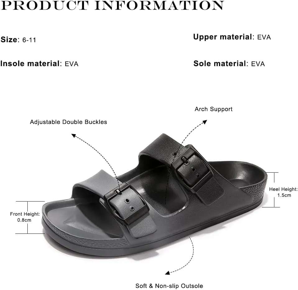 FUNKYMONKEY Women's Comfort Slides Double Buckle Adjustable Plastics Flat Sandals