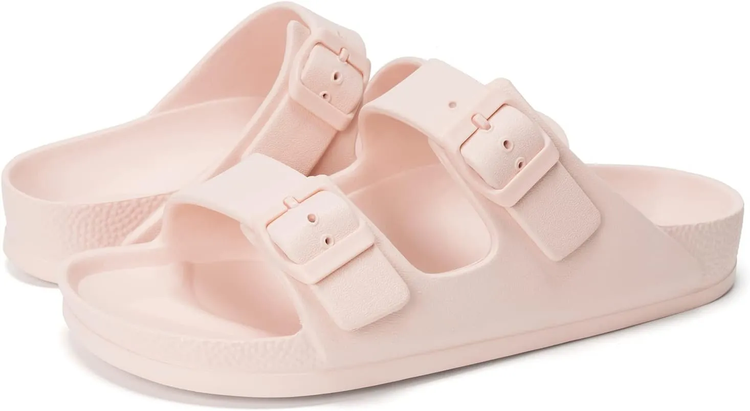FUNKYMONKEY Women's Comfort Slides Double Buckle Adjustable Plastics Flat Sandals