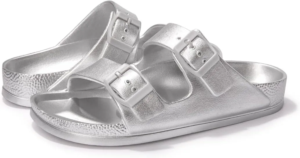 FUNKYMONKEY Women's Comfort Slides Double Buckle Adjustable Plastics Flat Sandals