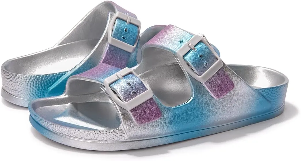 FUNKYMONKEY Women's Comfort Slides Double Buckle Adjustable Plastics Flat Sandals