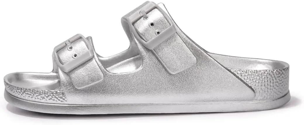 FUNKYMONKEY Women's Comfort Slides Double Buckle Adjustable Plastics Flat Sandals