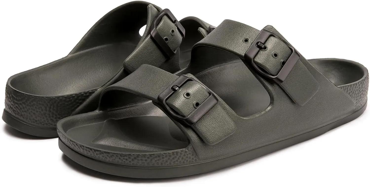 FUNKYMONKEY Women's Comfort Slides Double Buckle Adjustable Plastics Flat Sandals