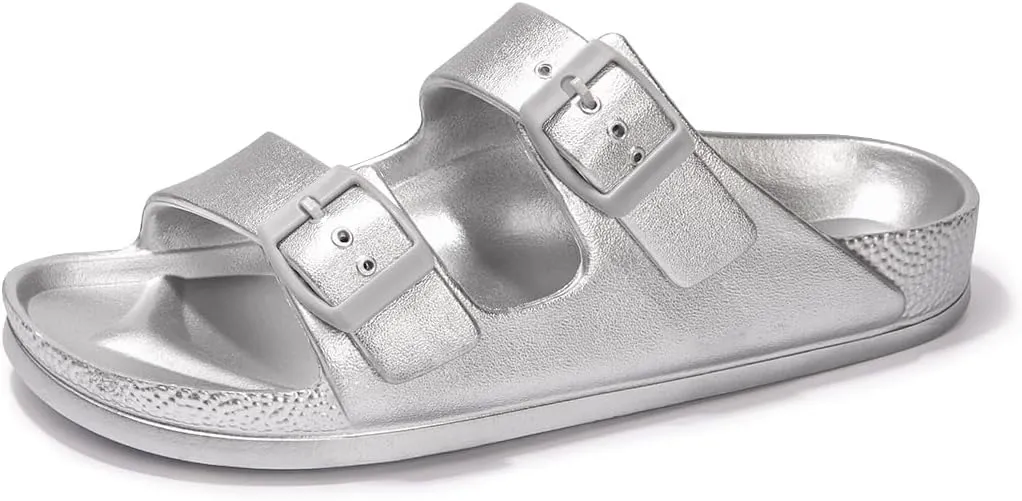 FUNKYMONKEY Women's Comfort Slides Double Buckle Adjustable Plastics Flat Sandals
