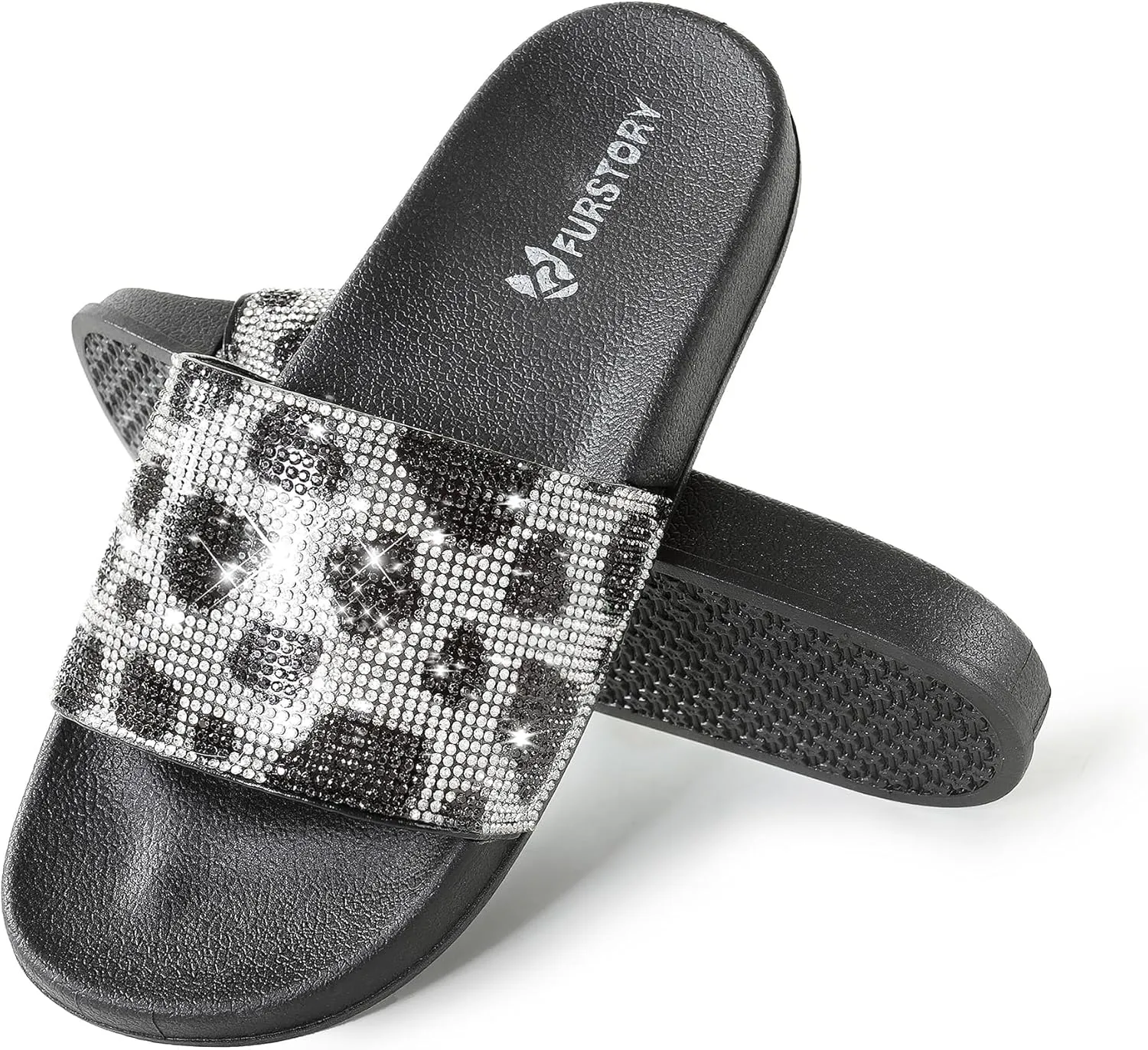 Fur Story Womens Slides House Slippers Rhinestone Glitter Slides Cute bling Flat for Women Platform Sandals Cozy Bedroom Slippers Shower Shoes