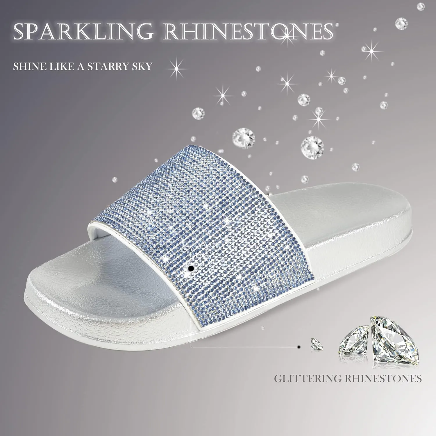 Fur Story Womens Slides House Slippers Rhinestone Glitter Slides Cute bling Flat for Women Platform Sandals Cozy Bedroom Slippers Shower Shoes