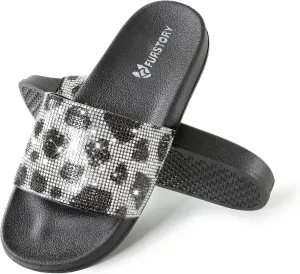 Fur Story Womens Slides House Slippers Rhinestone Glitter Slides Cute bling Flat for Women Platform Sandals Cozy Bedroom Slippers Shower Shoes