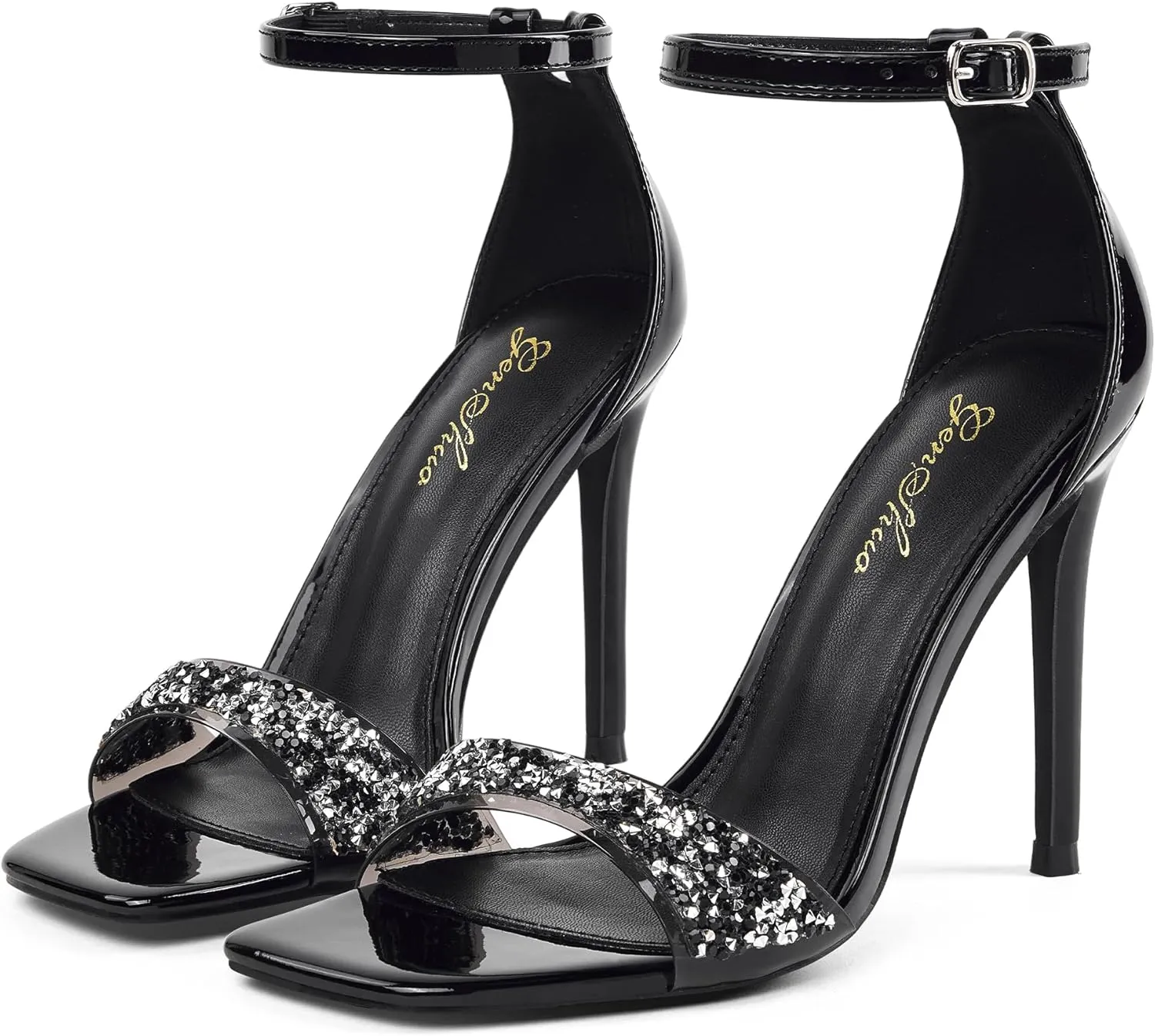 GENSHUO High Heeled Sandals for Women One Strap Heels with Square Open Toe 4 Inch Stiletto Ankle Strap Shoes Elegant Sexy Dress Wedding Party