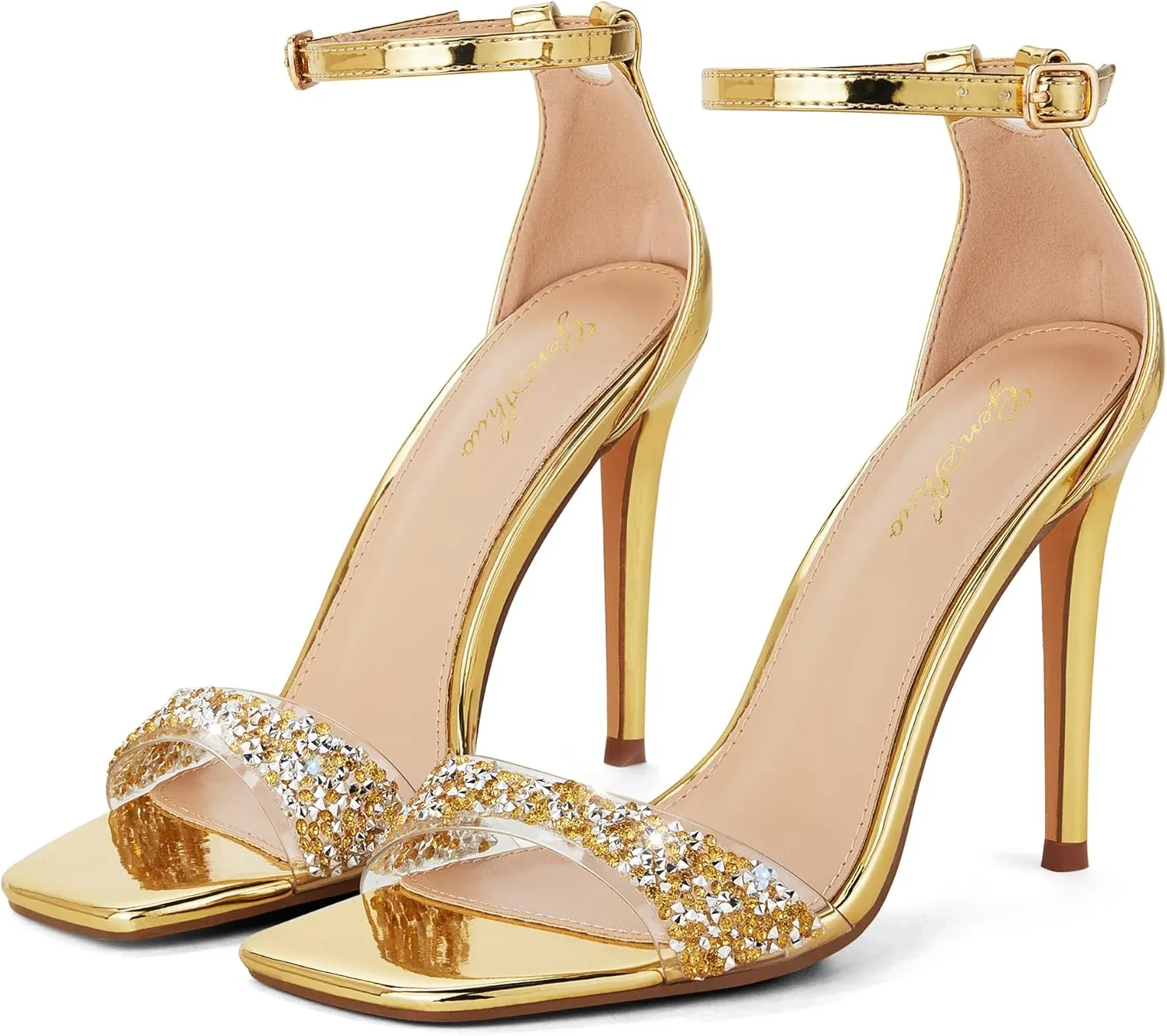 GENSHUO High Heeled Sandals for Women One Strap Heels with Square Open Toe 4 Inch Stiletto Ankle Strap Shoes Elegant Sexy Dress Wedding Party