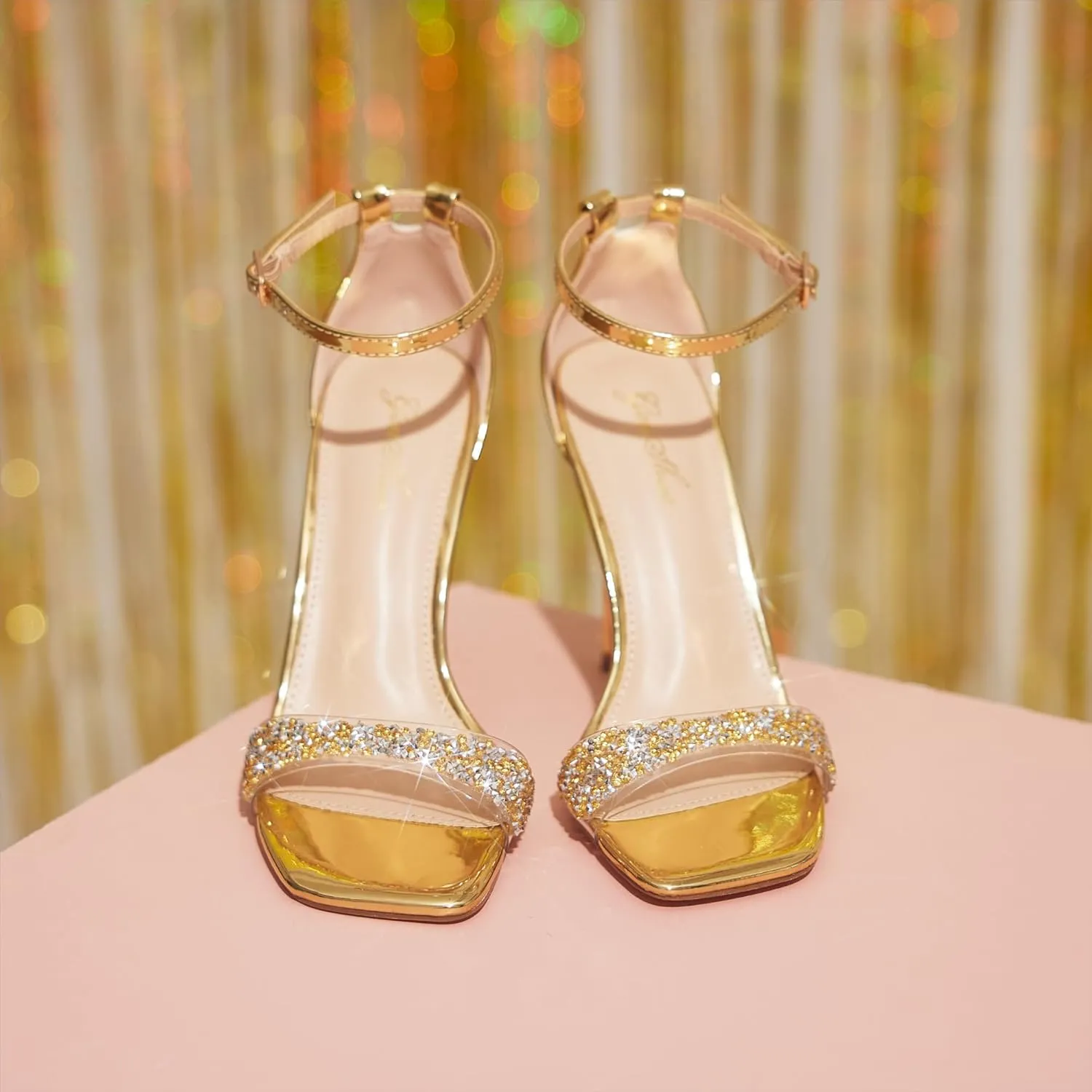 GENSHUO High Heeled Sandals for Women One Strap Heels with Square Open Toe 4 Inch Stiletto Ankle Strap Shoes Elegant Sexy Dress Wedding Party