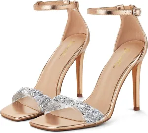 GENSHUO High Heeled Sandals for Women One Strap Heels with Square Open Toe 4 Inch Stiletto Ankle Strap Shoes Elegant Sexy Dress Wedding Party