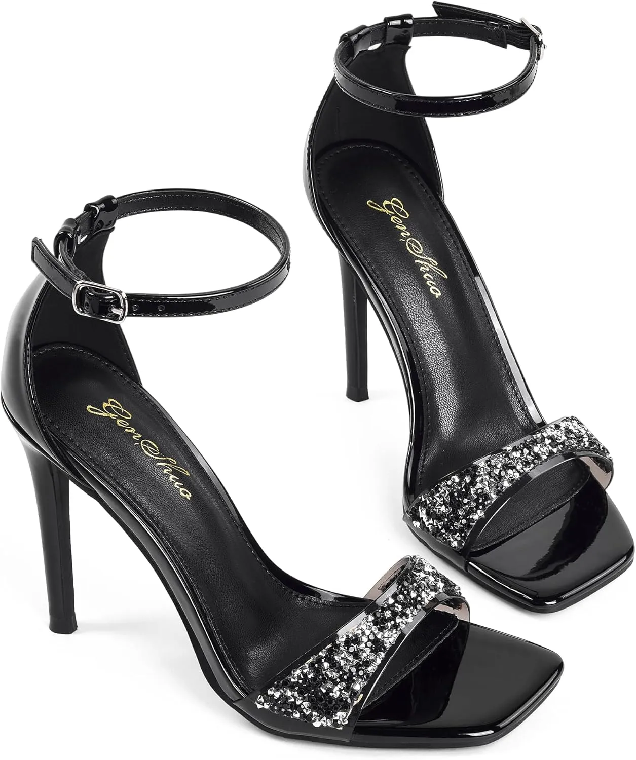 GENSHUO High Heeled Sandals for Women One Strap Heels with Square Open Toe 4 Inch Stiletto Ankle Strap Shoes Elegant Sexy Dress Wedding Party